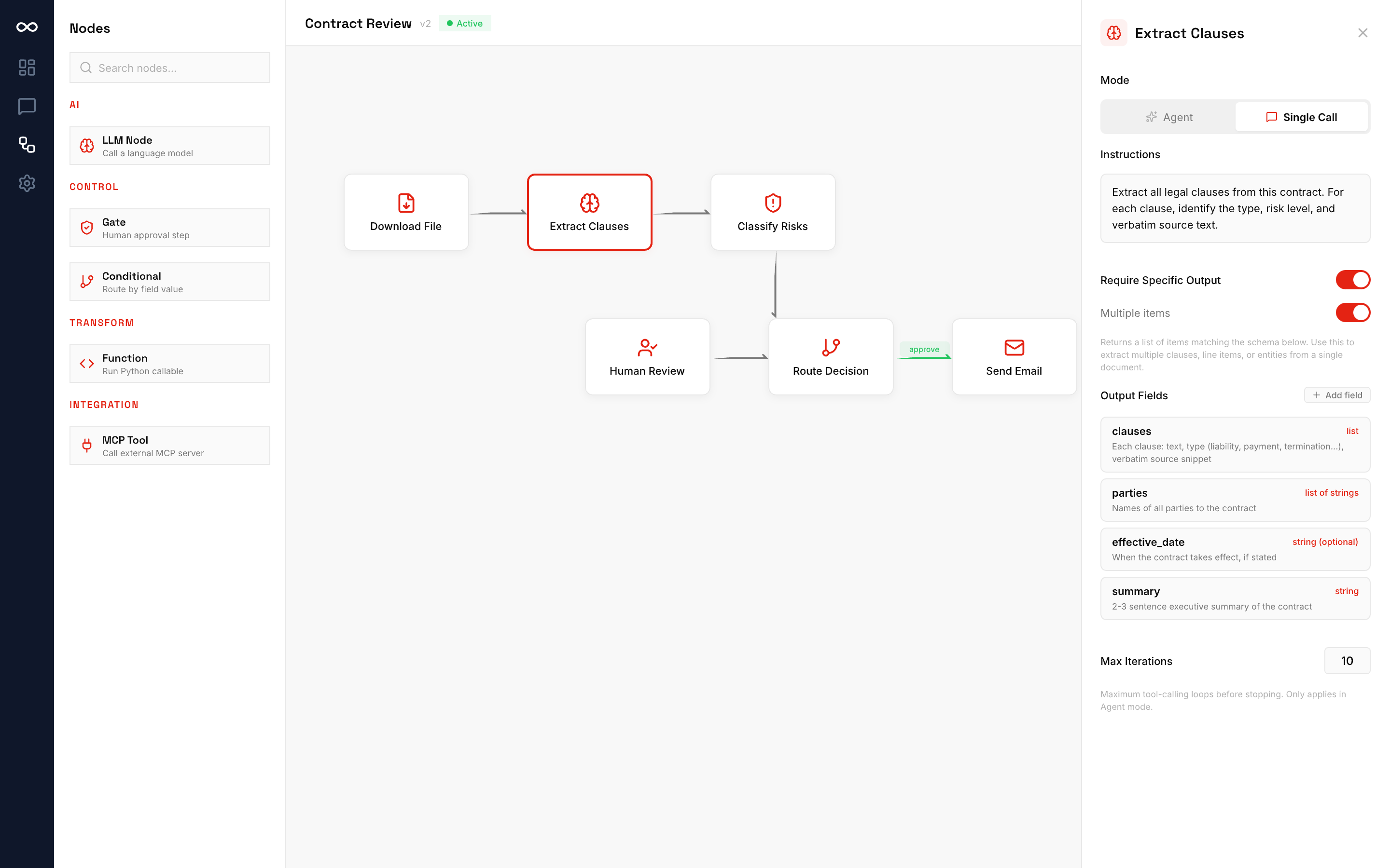 CompleteFlow Workflow Builder: visual editor showing a contract review workflow with document ingestion, clause extraction, risk classification, and human review nodes